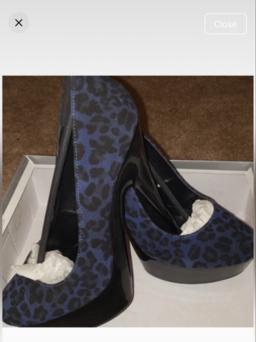 Fahrenheit Blue Leopard Print Platform Heels with Black Patent Sole